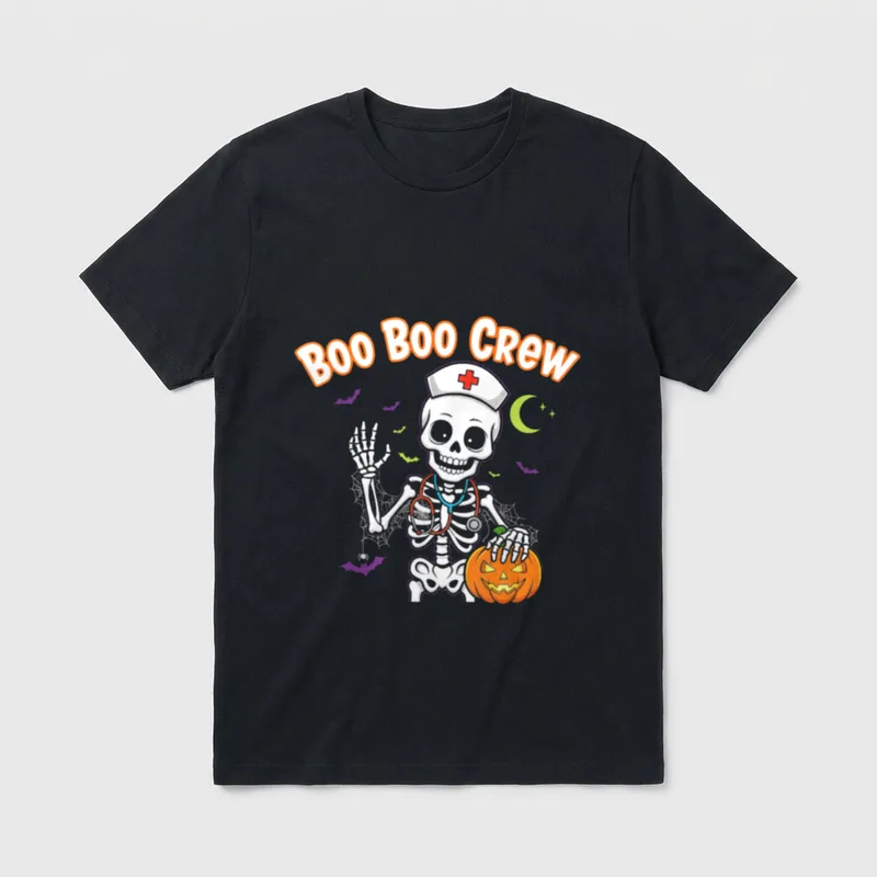 Boo Boo Crew Nurse Halloween T-Shirt – Skeleton nurse wearing stethoscope and cap beside pumpkin – Classic T-Shirt in Black