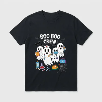 Boo Boo Crew Nurse Funny Halloween T-Shirt – Four cartoon ghost nurses with medical gear and bats – Classic T-Shirt in Black