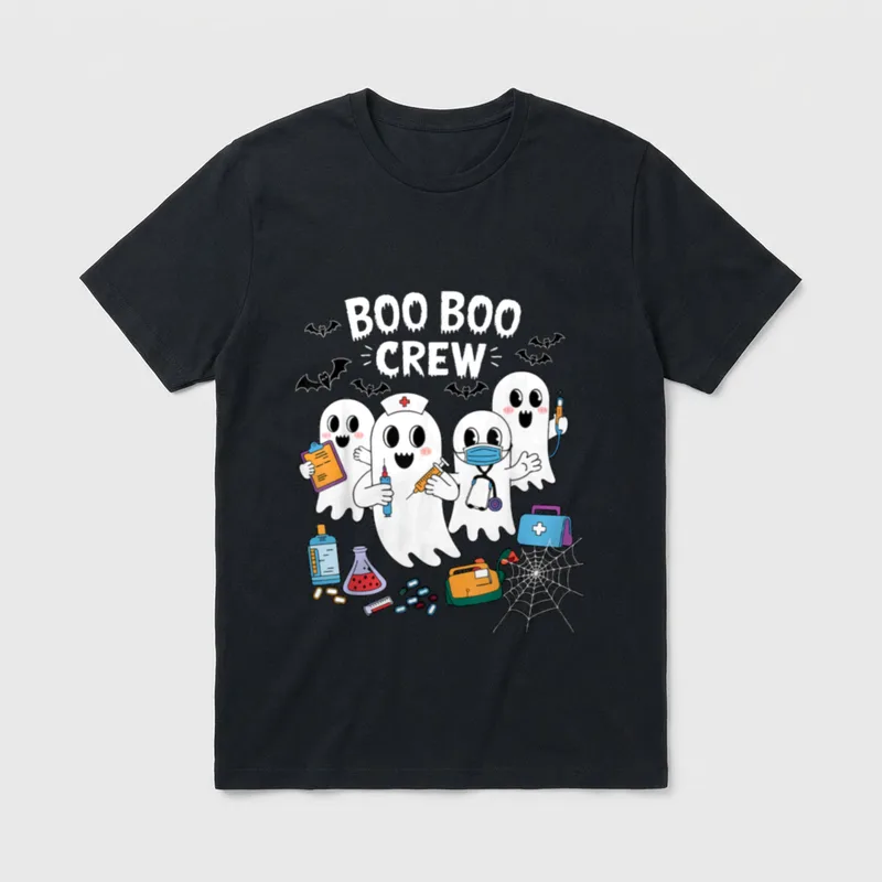 Boo Boo Crew Nurse Funny Halloween T-Shirt – Four cartoon ghost nurses with medical gear and bats – Classic T-Shirt in Black