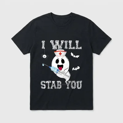 Ghost Nurse I Will Stab T-Shirt – Ghost in nurse hat holding a syringe with bats and spider – Classic T-Shirt in Black