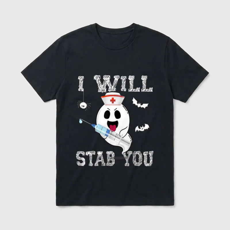 Ghost Nurse I Will Stab T-Shirt – Ghost in nurse hat holding a syringe with bats and spider – Classic T-Shirt in Black