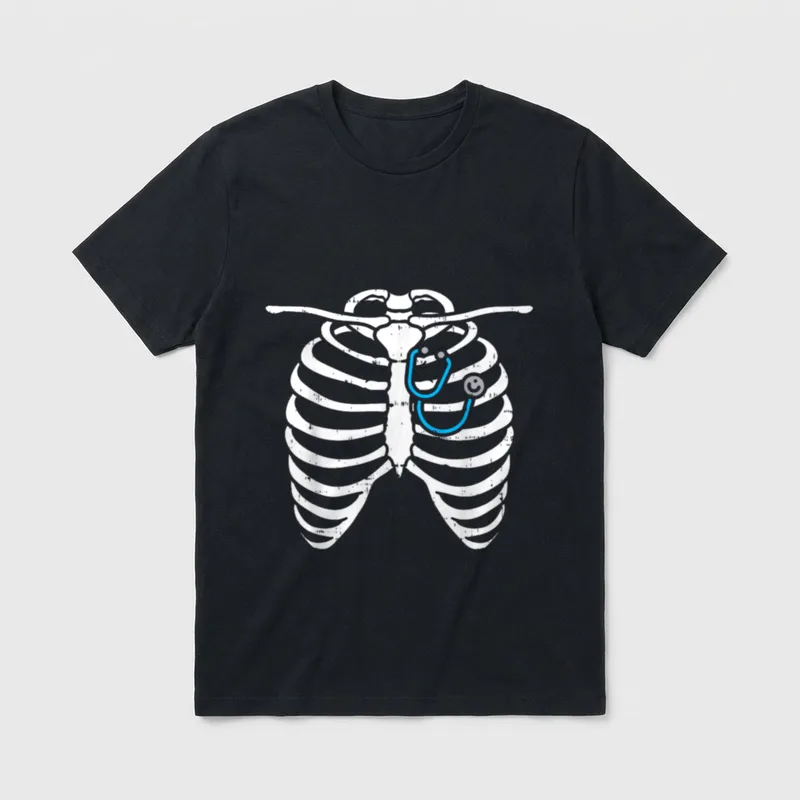Stethoscope Skeleton Ribs Funny Nurse Halloween T-Shirt – Classic T-Shirt in Black