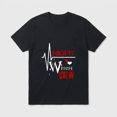 Night Witch Crew T-Shirt – Night Witch Crew lettering with an EKG pulse line and tiny hearts – Classic T-Shirt in Black
