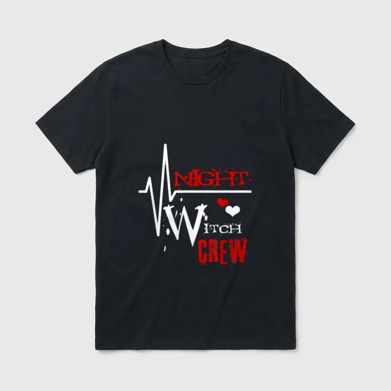 Night Witch Crew T-Shirt – Night Witch Crew lettering with an EKG pulse line and tiny hearts – Classic T-Shirt in Black