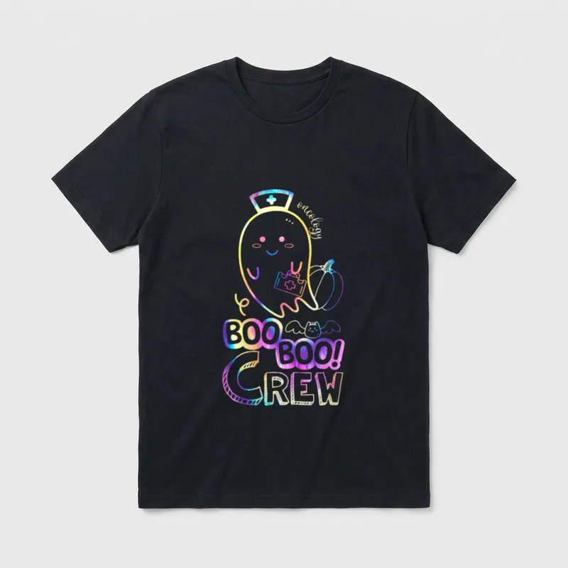 Tie Dye Boo Boo Crew Halloween T-Shirt – Ghost nurse with oncology and Boo Boo Crew lettering – Classic T-Shirt in Black