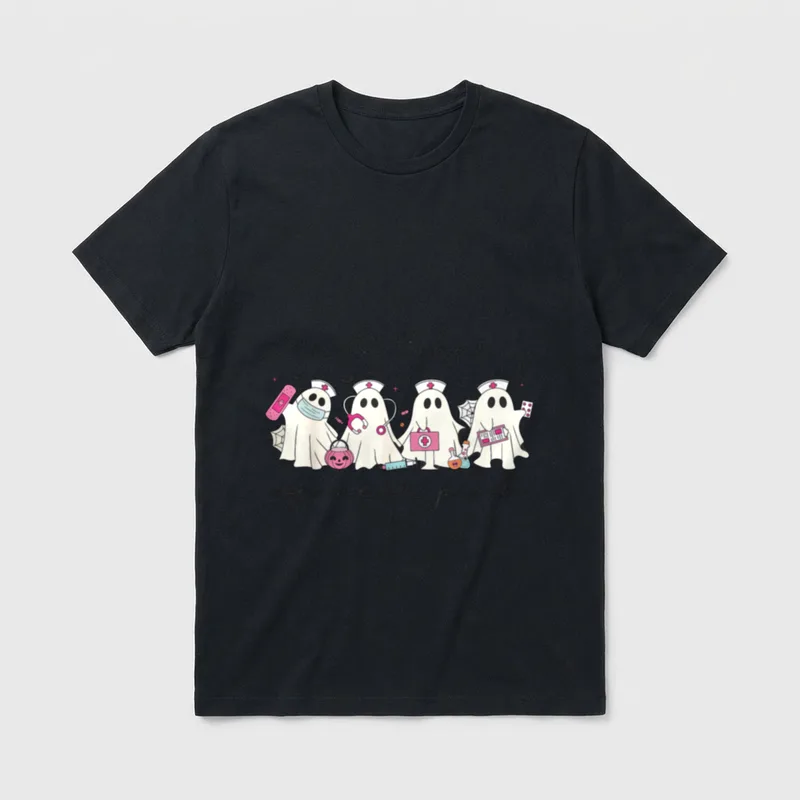In October We Wear Pink Ghost T-Shirt – Nurse ghosts in caps and the words in October we wear pink – Classic T-Shirt in Black
