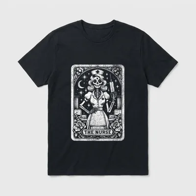 Spooky Skeleton RN Nurse the Tarot T-Shirt – Skeleton nurse holding syringe on vintage tarot card – Classic T-Shirt in Black