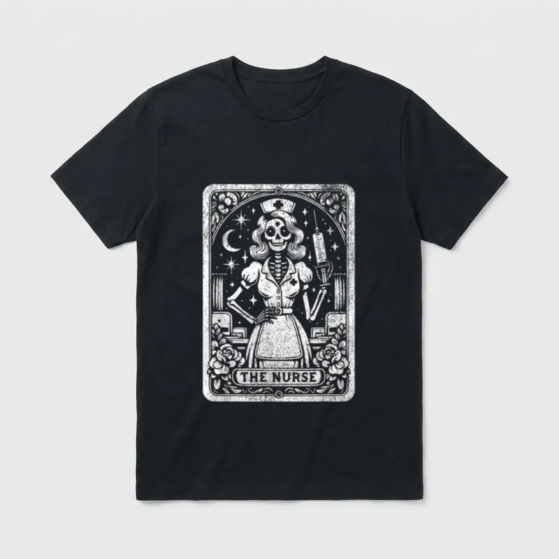 Spooky Skeleton RN Nurse the Tarot T-Shirt – Skeleton nurse holding syringe on vintage tarot card – Classic T-Shirt in Black