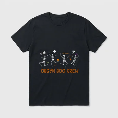 OBGYN Boo Crew Nurse Skeleton Dancing T-Shirt – Orange dripping letters spelling OBGYN BOO CREW – Classic T-Shirt in Black