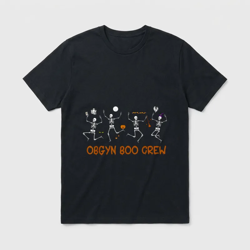 OBGYN Boo Crew Nurse Skeleton Dancing T-Shirt – Orange dripping letters spelling OBGYN BOO CREW – Classic T-Shirt in Black