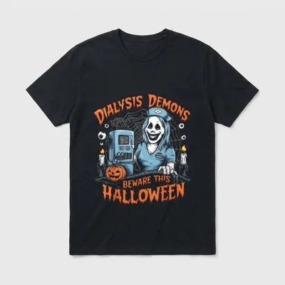 Dialysis Nurse Halloween Spooky Nursing Trick T-Shirt – “DIALYSIS DEMONS BEWARE THIS HALLOWEEN” – Classic T-Shirt in Black
