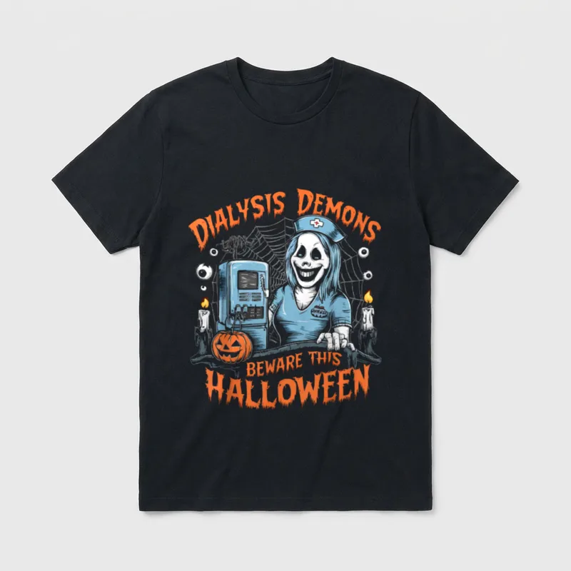 Dialysis Nurse Halloween Spooky Nursing Trick T-Shirt – “DIALYSIS DEMONS BEWARE THIS HALLOWEEN” – Classic T-Shirt in Black