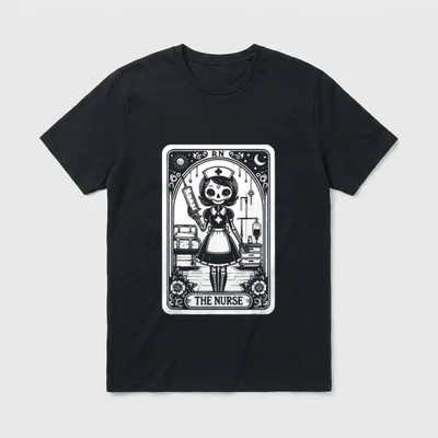 Tarot Card Nurse Doctor Skeleton Cards T-Shirt – Skeleton nurse holding a syringe on a tarot card – Classic T-Shirt in Black
