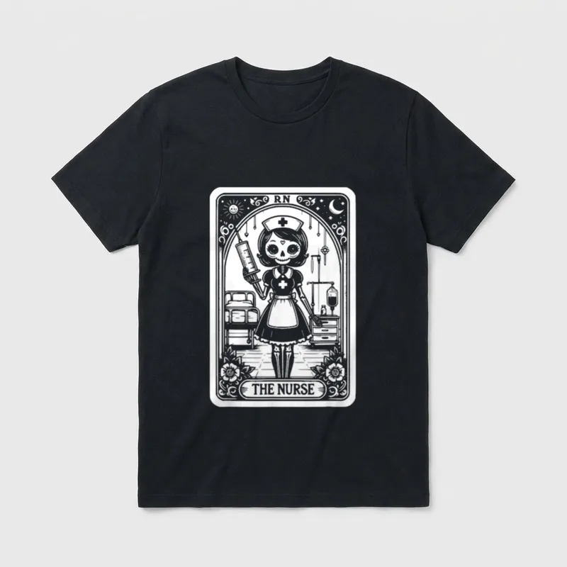 Tarot Card Nurse Doctor Skeleton Cards T-Shirt – Skeleton nurse holding a syringe on a tarot card – Classic T-Shirt in Black