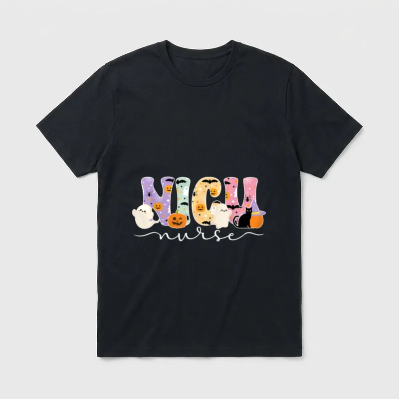 Spooky NICU Nurse Halloween Nursing T-Shirt – “NICU nurse” with ghosts, pumpkins, and a black cat – Classic T-Shirt in Black
