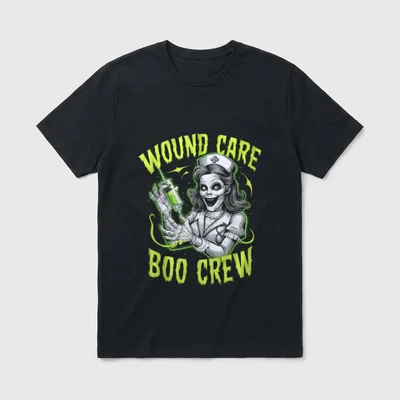 Halloween Wound Care Nurse Spooky Nursing T-Shirt – “WOUND CARE BOO CREW” with zombie nurse – Classic T-Shirt in Black