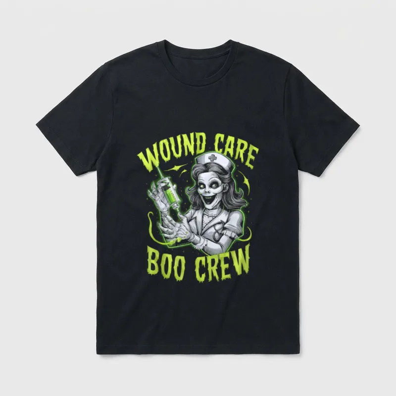 Halloween Wound Care Nurse Spooky Nursing T-Shirt – “WOUND CARE BOO CREW” with zombie nurse – Classic T-Shirt in Black