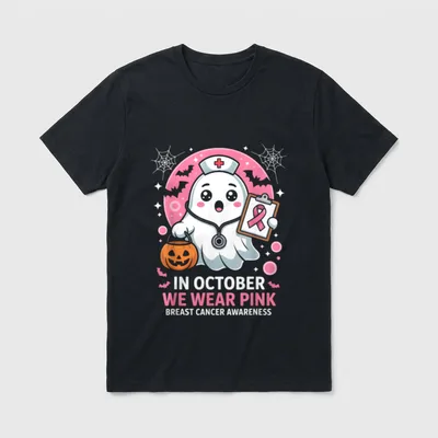 In October We Wear Pink Breast T-Shirt – Ghost nurse with pink ribbon clipboard and pumpkin bucket – Classic T-Shirt in Black