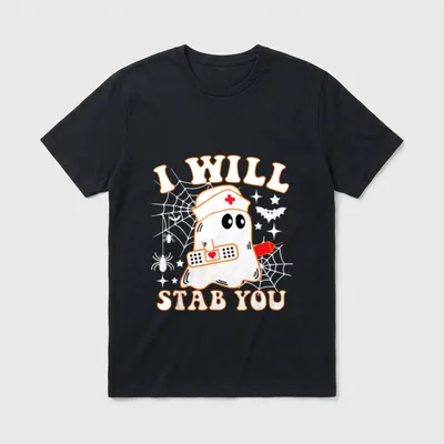 I Will Stab You Nurse T-Shirt – Cartoon ghost nurse holding syringe and bandage with spider webs – Classic T-Shirt in Black