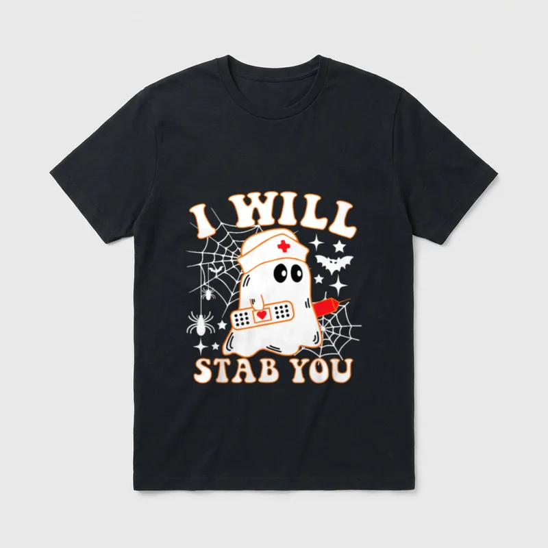 I Will Stab You Nurse T-Shirt – Cartoon ghost nurse holding syringe and bandage with spider webs – Classic T-Shirt in Black