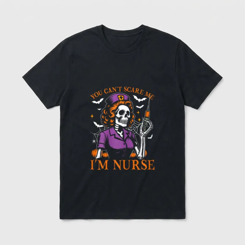 Scare Me I'm Nurse Funny Halloween T-Shirt – Skeleton nurse holding syringe with pumpkins and bats – Classic T-Shirt in Black