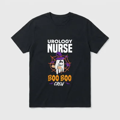 Halloween Urology Nurse Boo Boo Crew T-Shirt – Ghost in witch hat with bandage spiderweb and bats – Classic T-Shirt in Black