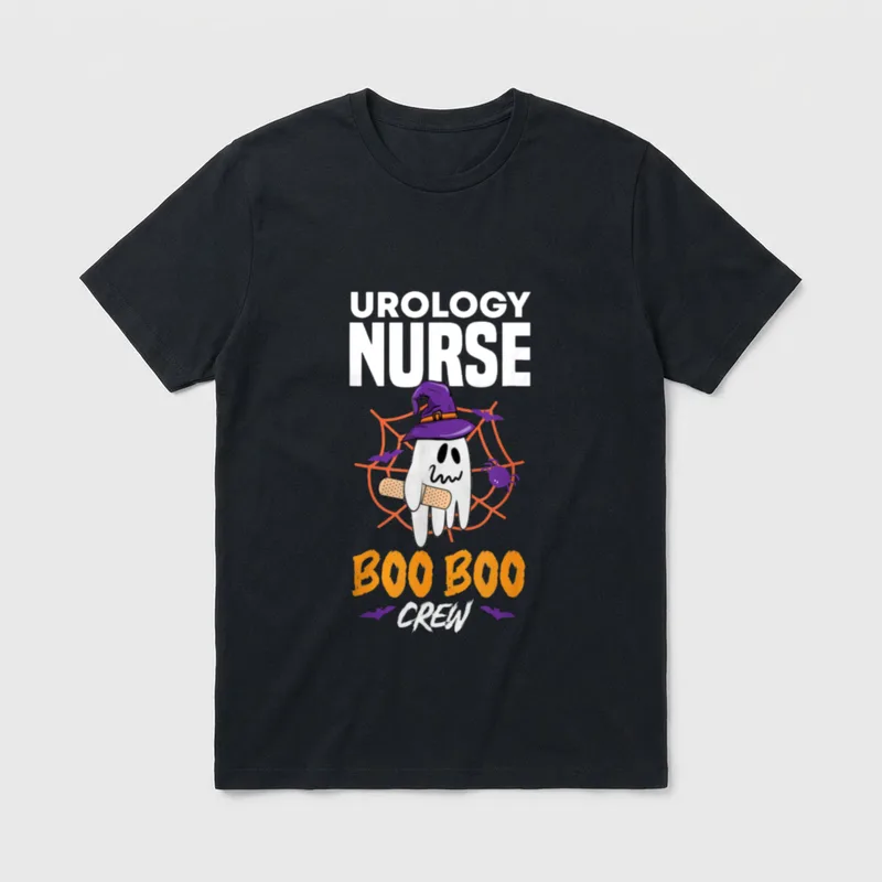 Halloween Urology Nurse Boo Boo Crew T-Shirt – Ghost in witch hat with bandage spiderweb and bats – Classic T-Shirt in Black