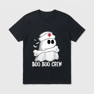 Funny Boo Crew Nurse T-Shirt – Ghost in a nurse cap holding a bone with Boo Boo Crew text – Classic T-Shirt in Black