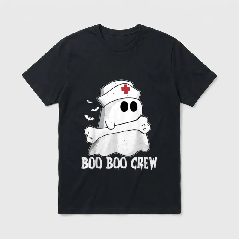 Funny Boo Crew Nurse T-Shirt – Ghost in a nurse cap holding a bone with Boo Boo Crew text – Classic T-Shirt in Black