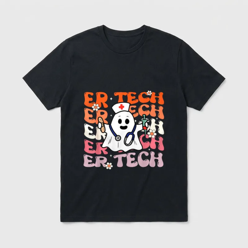 ER Tech Groovy Funny Halloween Ghost T-Shirt – Classic T-Shirt in Black