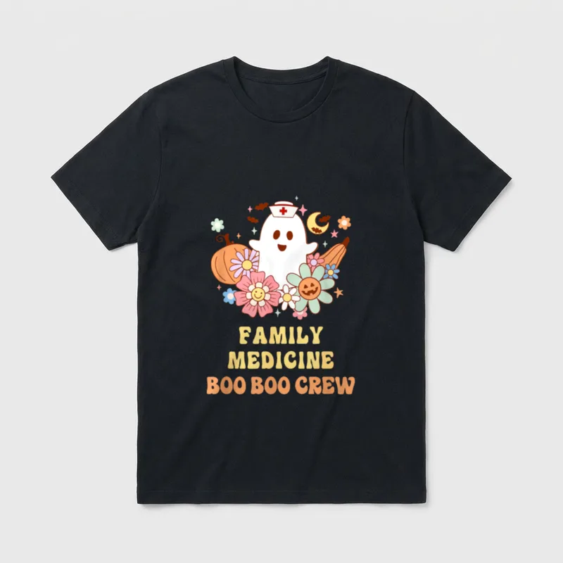 Family Medicine Boo Boo Crew Nurse T-Shirt – Ghost in nurse cap with pumpkins and retro flowers – Classic T-Shirt in Black
