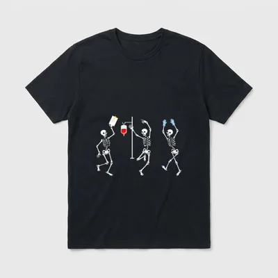 Funny Nurse Skeleton T-Shirt – Dancing skeletons with clipboard, IV stand, and gloves – Classic T-Shirt in Black