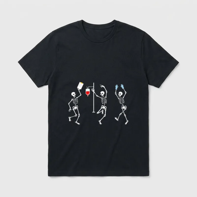Funny Nurse Skeleton T-Shirt – Dancing skeletons with clipboard, IV stand, and gloves – Classic T-Shirt in Black