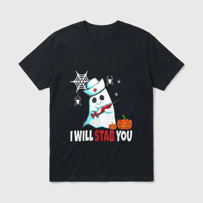 Halloween Nurse Ghost Disguise T-Shirt – “I WILL STAB YOU” with nurse ghost holding a syringe – Classic T-Shirt in Black