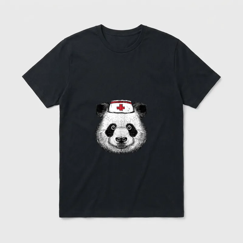 Nurse Panda Bear T-Shirt – Panda bear wearing a white nurse cap with a red cross – Classic T-Shirt in Black