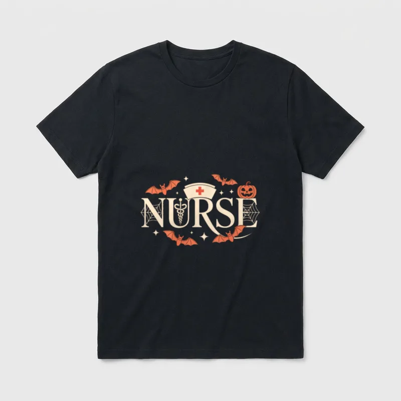 Halloween Nurse with Bats and Pumpkin T-Shirt – Classic T-Shirt in Black