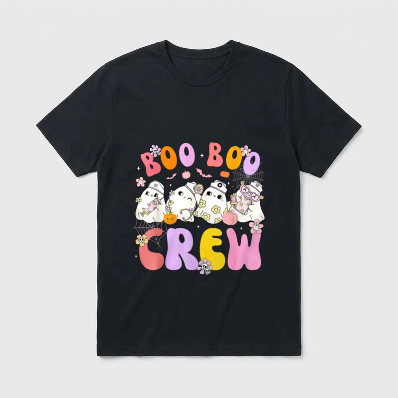 Groovy Halloween Boo Crew Nurse T-Shirt – Cute ghost nurses with pumpkins and BOO BOO CREW text – Classic T-Shirt in Black