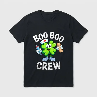 Boo Boo Crew St Day Nurse T-Shirt – Cartoon shamrock nurse holding syringe and bandage – Classic T-Shirt in Black
