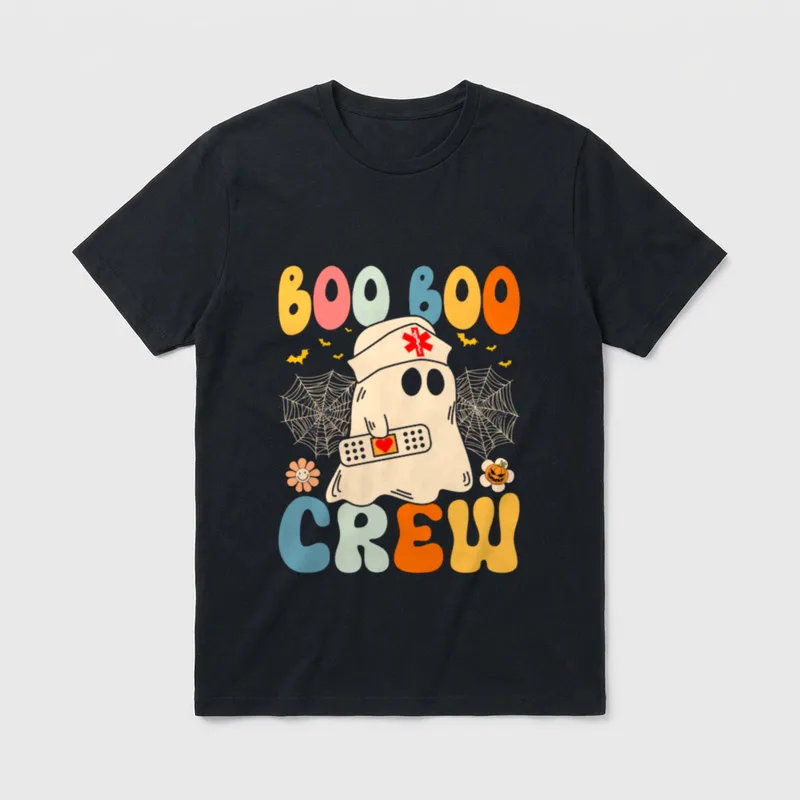 Groovy Boo Boo Crew Nurse T-Shirt – Ghost nurse holding bandage with “BOO BOO CREW” text – Classic T-Shirt in Black