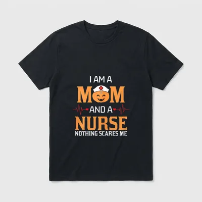 I Am a Mom and Nothing T-Shirt – Smiling pumpkin in a nurse cap with heartbeat line graphic – Classic T-Shirt in Black