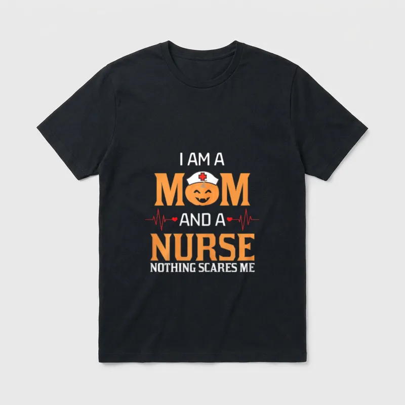 I Am a Mom and Nothing T-Shirt – Smiling pumpkin in a nurse cap with heartbeat line graphic – Classic T-Shirt in Black