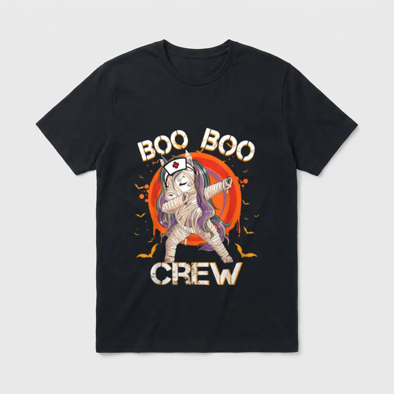 Boo Boo Crew Nurse Mummy Unicorn T-Shirt – BOO BOO CREW text with a dabbing mummy unicorn – Classic T-Shirt in Black