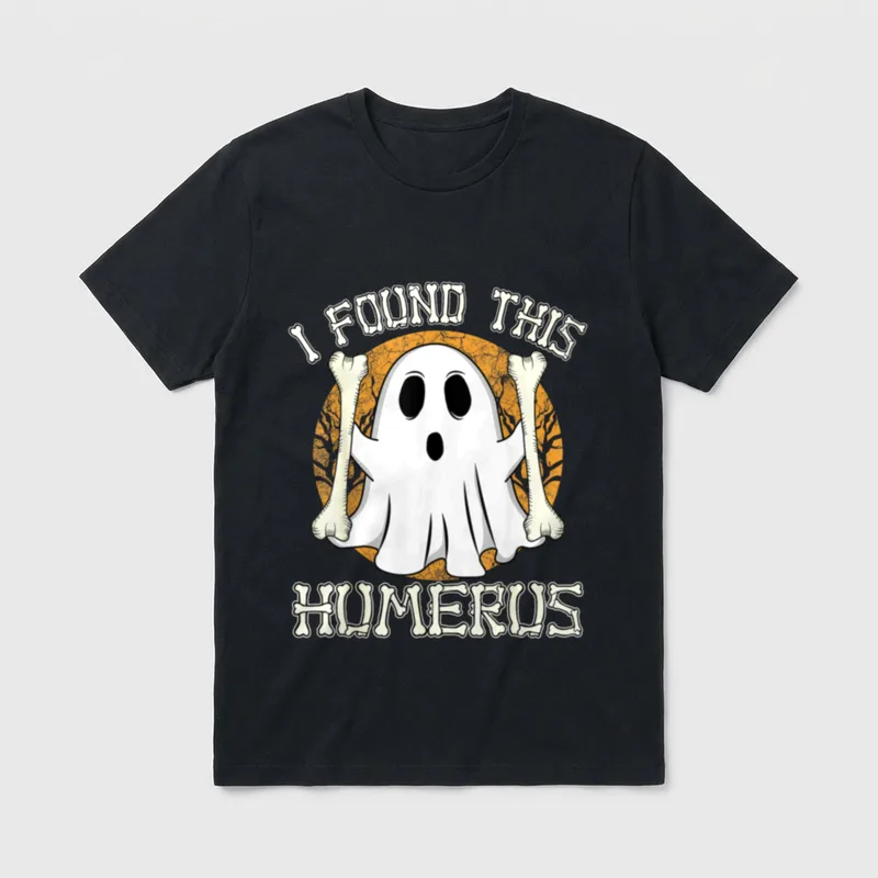 I Found This Humerus Funny Halloween T-Shirt – Ghost holding arm bones before an orange moon – Classic T-Shirt in Black