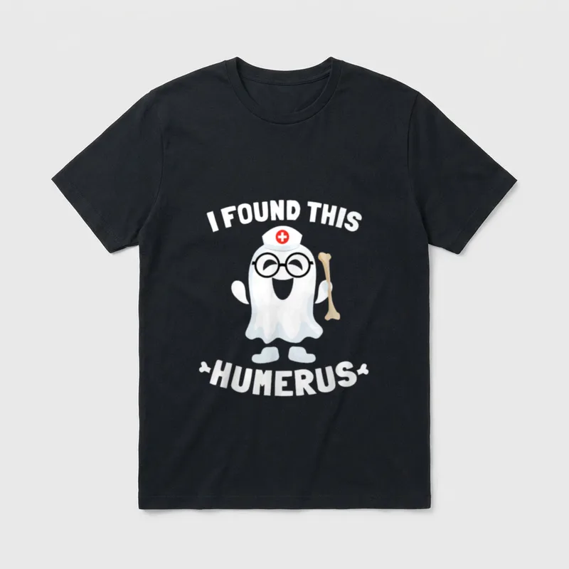 I Found This Humerus Nurse Ghost T-Shirt – A cartoon ghost in a nurse cap holding an arm bone – Classic T-Shirt in Black