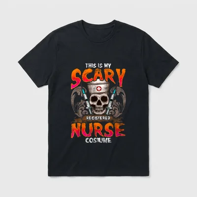 This Is My Scary Registered Nurse T-Shirt – Nurse skull wearing a vintage cap beside two syringes – Classic T-Shirt in Black