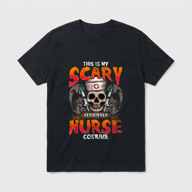 This Is My Scary Registered Nurse T-Shirt – Nurse skull wearing a vintage cap beside two syringes – Classic T-Shirt in Black