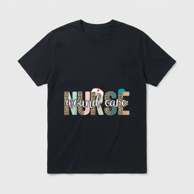Wound Care Nurse Features T-Shirt – “wound care NURSE” in script and patterned letters – Classic T-Shirt in Black