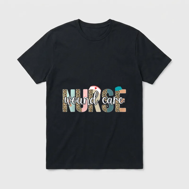 Wound Care Nurse Features T-Shirt – “wound care NURSE” in script and patterned letters – Classic T-Shirt in Black