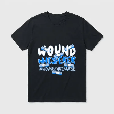 Wound Care Nurse Ostomy RN Medical T-Shirt – Wound Whisperer lettering with blue bandages – Classic T-Shirt in Black