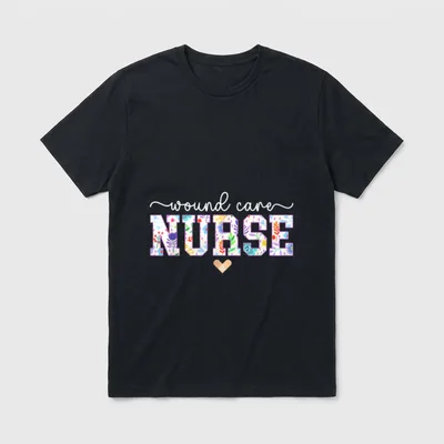 Wound Care Nurse Nursing T-Shirt – wound care NURSE in cursive script and floral block letters – Classic T-Shirt in Black